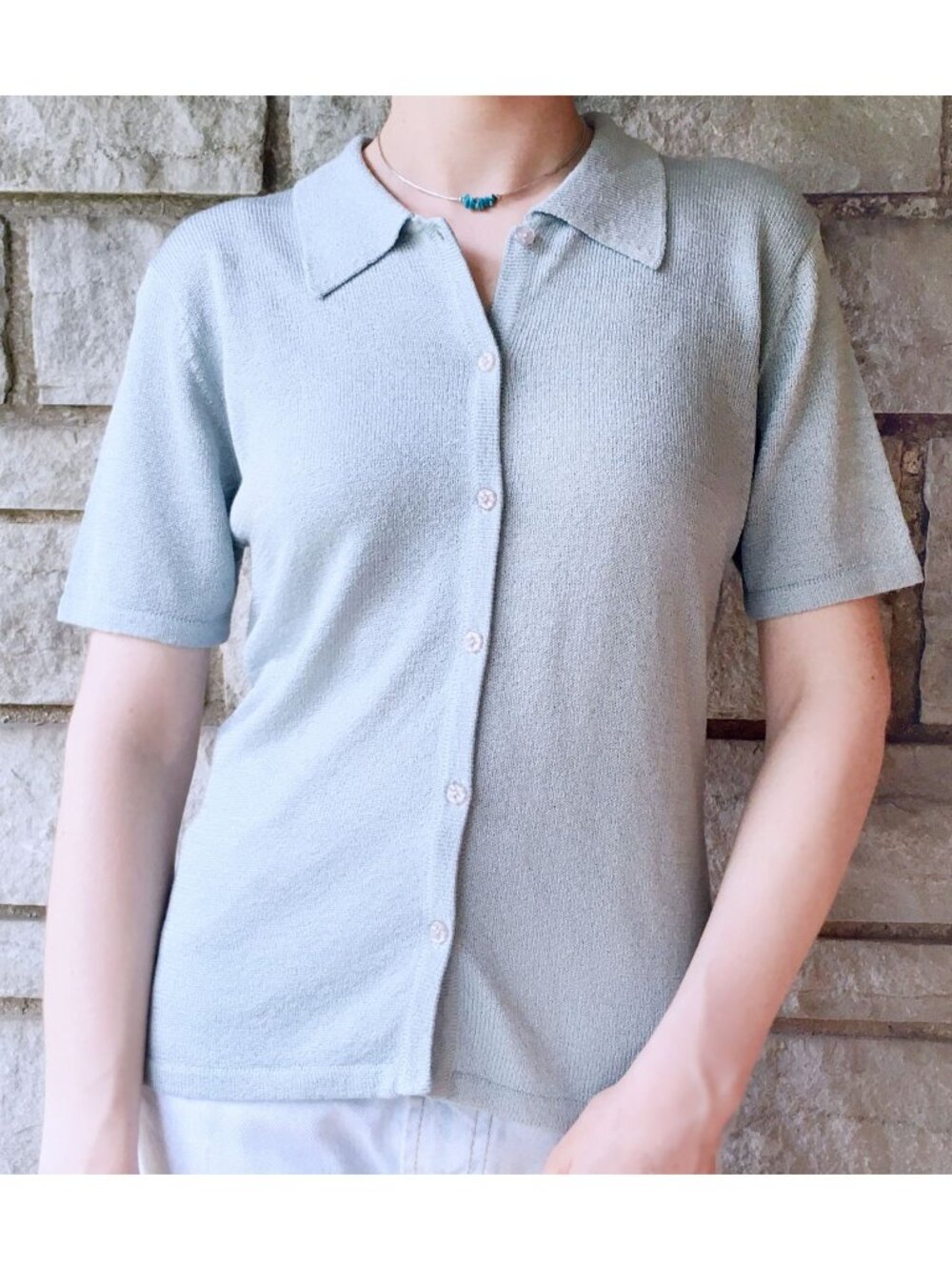 Vintage "90s-Does-70s" Rain Blue Knit Button Down Blouse